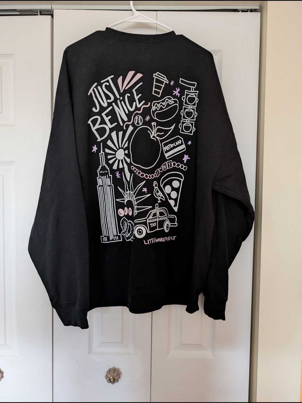 Just Be Nice Graphic Crewneck Sweater - Black with Pink & White Print